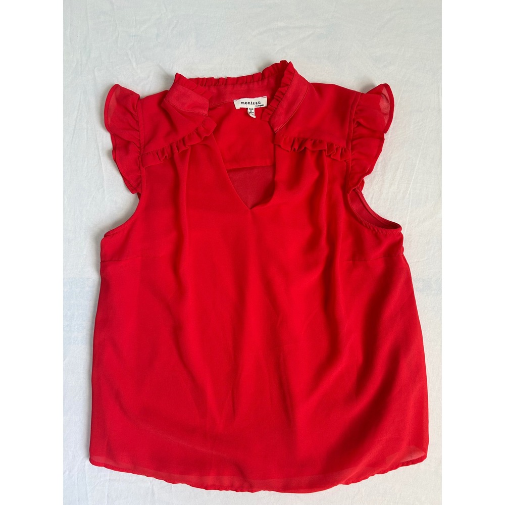 Monteau Los Angeles Coral Ruffle Cap Sleeve V-Neck‎ Blouse PM Womens Top